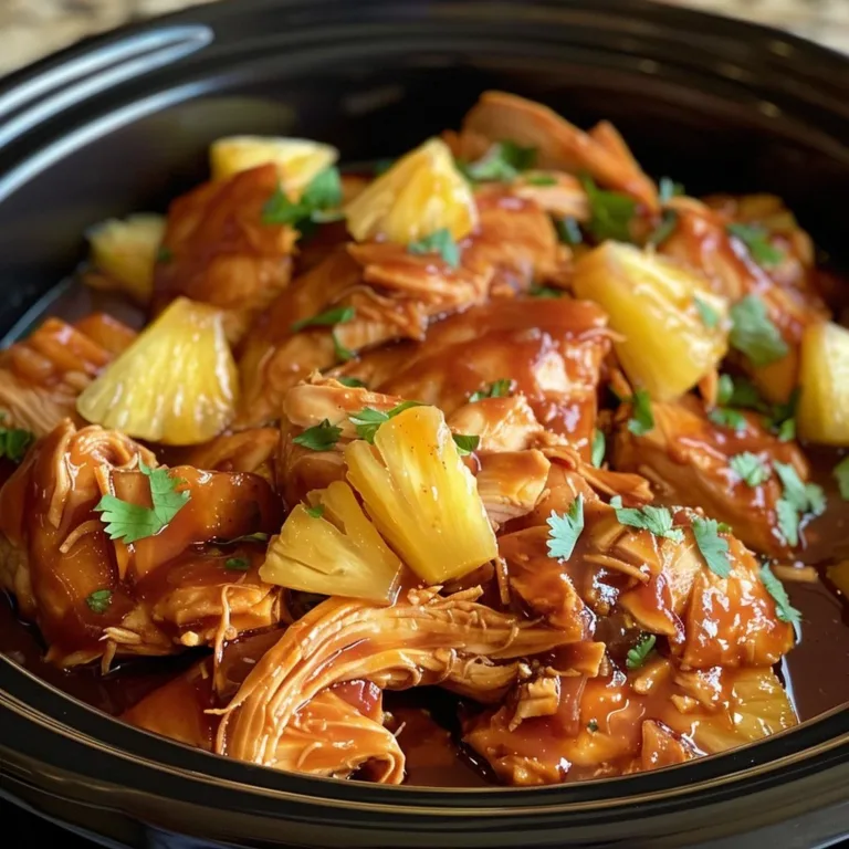 Pineapple BBQ Chicken cooking in a slow cooker with vibrant colors.