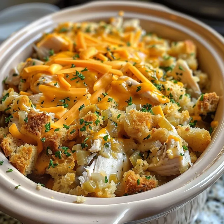 Slow Cooker Cheesy Chicken and Stuffing Bake served on a plate with herbs
