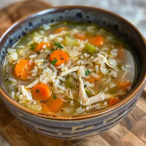 Delicious slow cooker chicken rice soup in a bowl, garnished with fresh herbs.