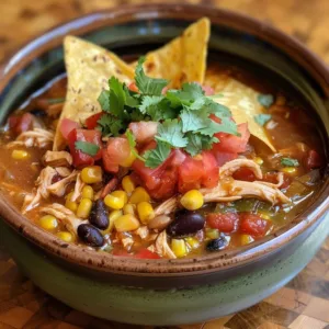 Delicious slow cooker chicken tortilla soup served in a bowl with toppings.