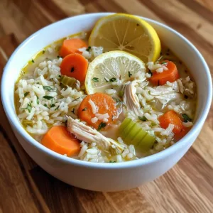 Bowl of Slow Cooker Lemon Chicken Rice Soup garnished with herbs