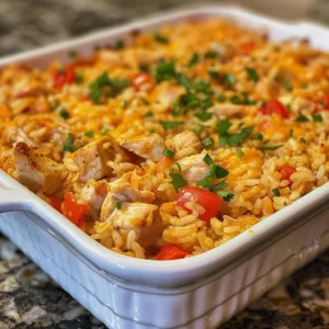 A delicious Spanish Chicken Rice Casserole served in a baking dish with vibrant colors.