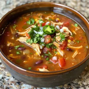 Bowl of Spicy Chicken Tortilla Soup garnished with tortilla strips and cilantro