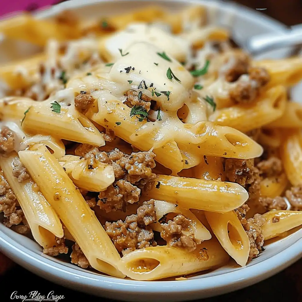 Cheesy Penne with Garlic Butter Ground Beef