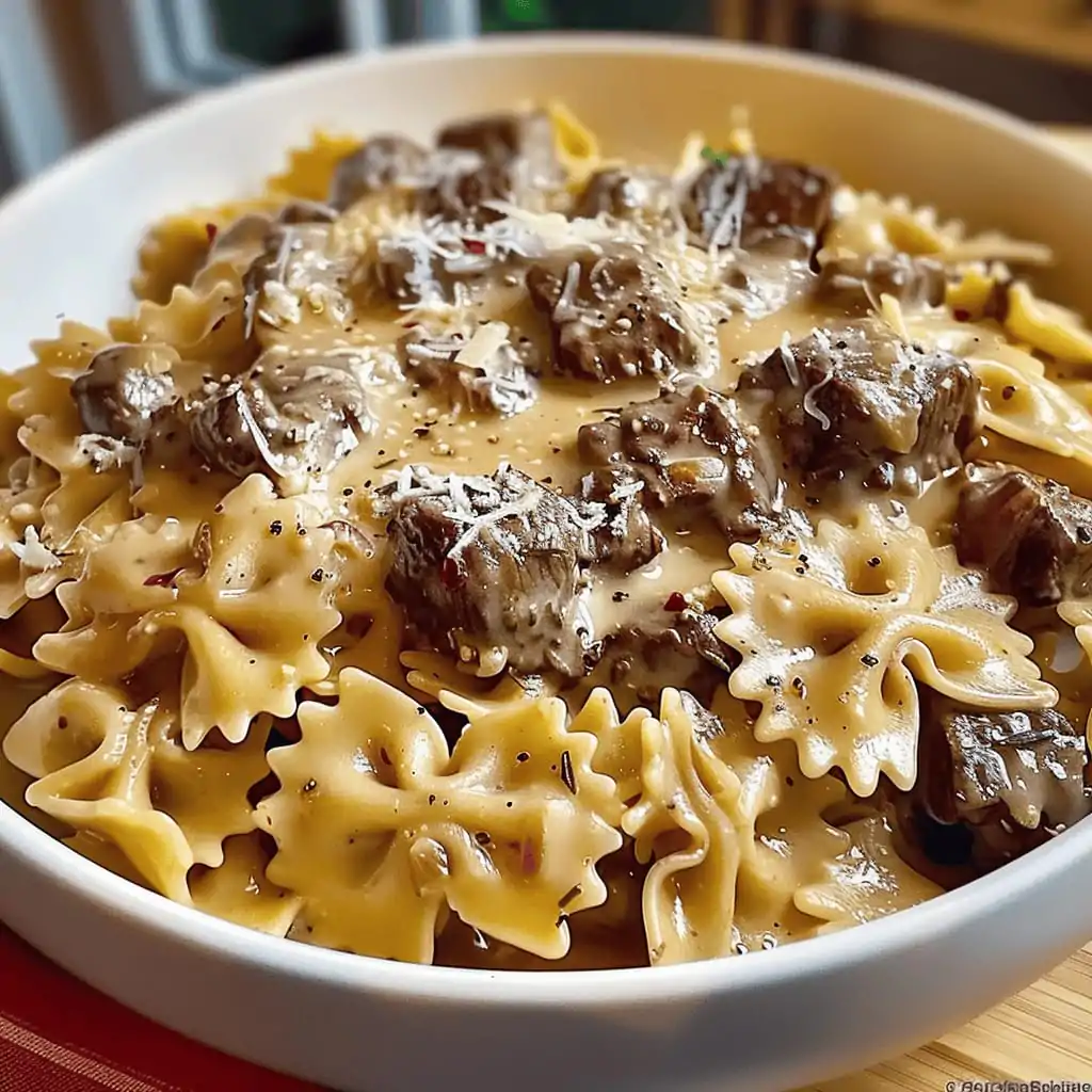Creamy Beef Bowtie Pasta with Garlic Parmesan Sauce