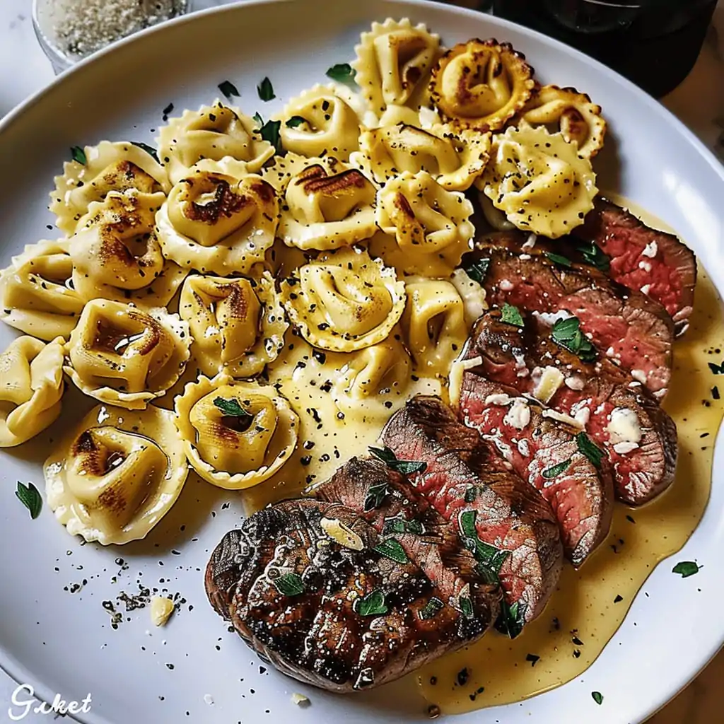 Garlic Butter Steak with Cheesy Alfredo Tortellini