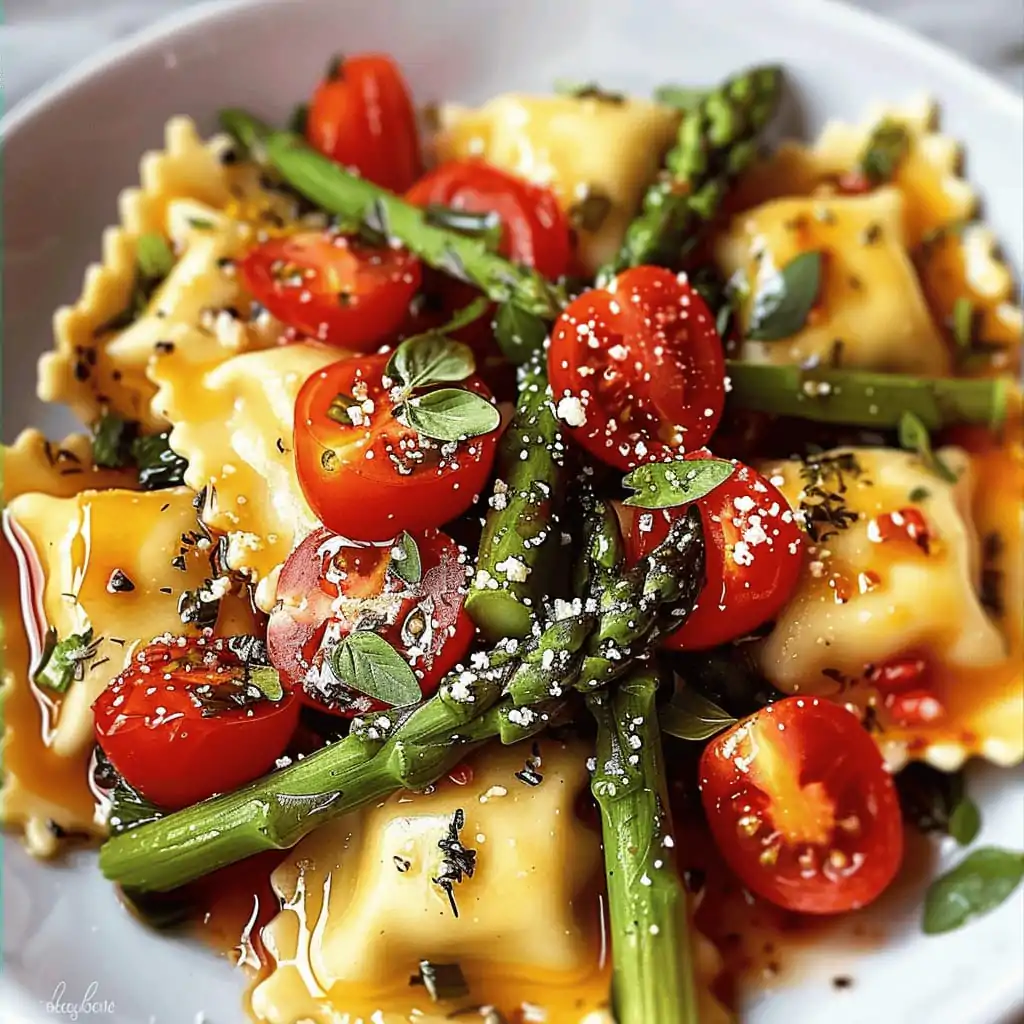 Ravioli with Tomatoes, Asparagus, Garlic, and Herbs